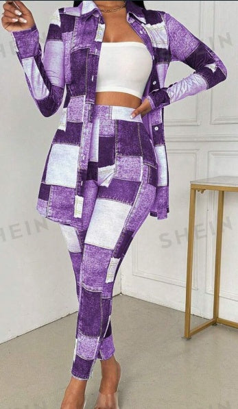 Women’s Knit Denim Effect Shirt & Pants Set – Casual Comfort with a Denim Look