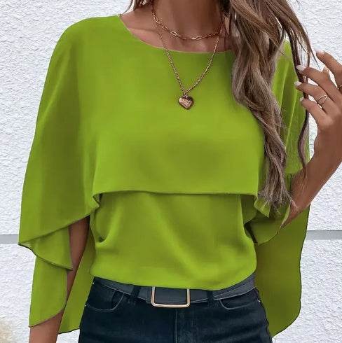 Solid Layered Cloak Sleeve Blouse, Versatile Crew Neck Blouse For Spring & Fall, Women's Clothing - Holy Mango Store