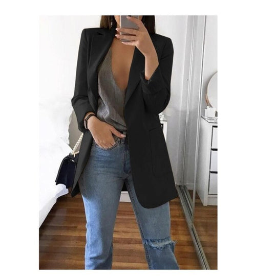 Women's Lapel Cardigan Blazer – Slim Fit Mid-Length Coat