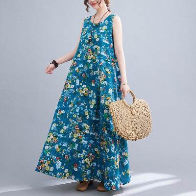 Printed Cotton Linen Round Neck Sleeveless Dress Women's - Holy Mango Store