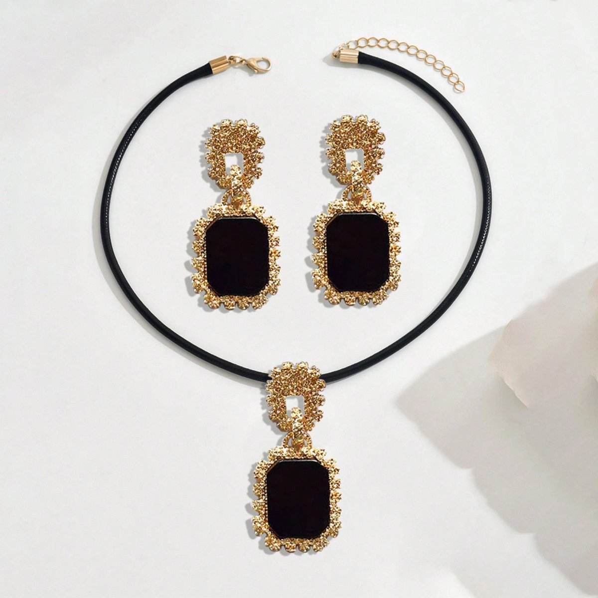 Elegant 14K Gold Plated Black Onyx Statement Jewelry Set - Necklace And Earrings - Holy Mango Store