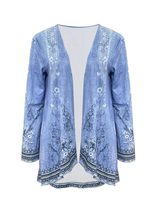 Spring And Autumn New Women's Top Printed Cardigan Casual Long Sleeve Light Jacket Blue