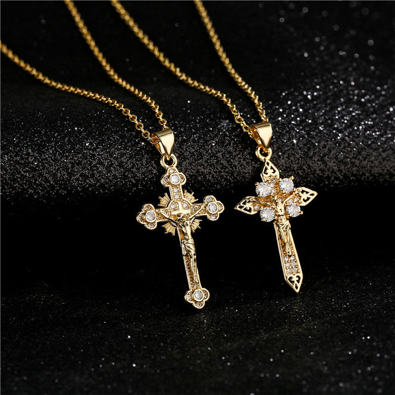 Gold Cross Pendant Necklace with Cubic Zirconia