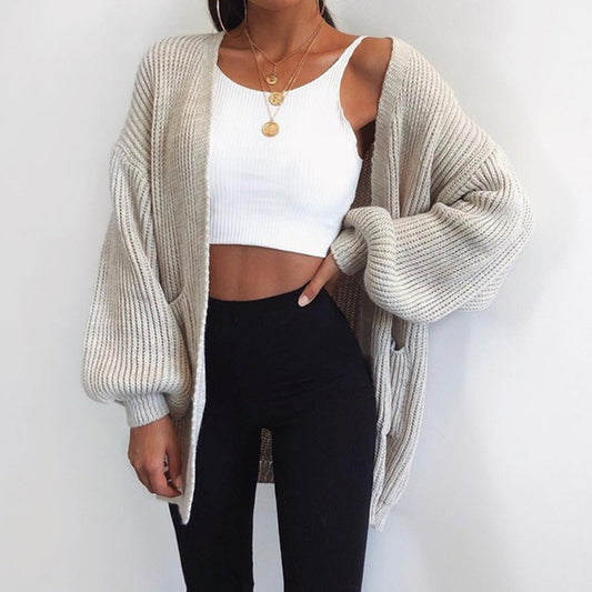 Women’s Mid-Length Knit Cardigan – Solid Color Loose-Fit Sweater
