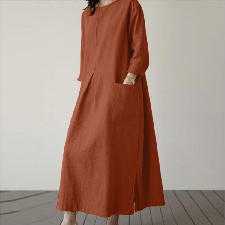 Autumn Solid Elegant Cotton Dress