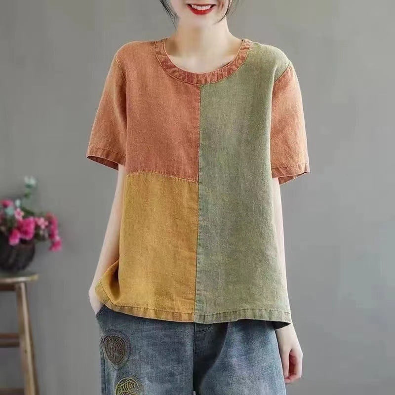 Women's Cotton Linen Color Block T-Shirt – Artistic Half Sleeve Tee