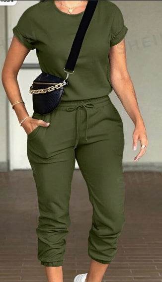 2pcs Women Solid Color Round Neck Short Sleeve Top And Drawstring Pocket Long Pants Casual Suit - Holy Mango Store