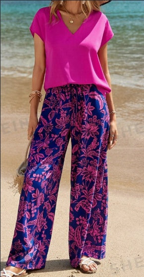 Women’s V-Neck Short Sleeve Top & Botanical Print Pants Set – Effortless Summer Style