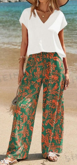 Women’s V-Neck Short Sleeve Top & Botanical Print Pants Set – Effortless Summer Style