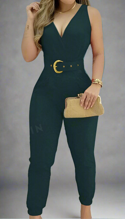 Women's Solid Color V-Neck Pleated Sleeveless Jumpsuit For Daily & Office Wear, Summer - Holy Mango Store