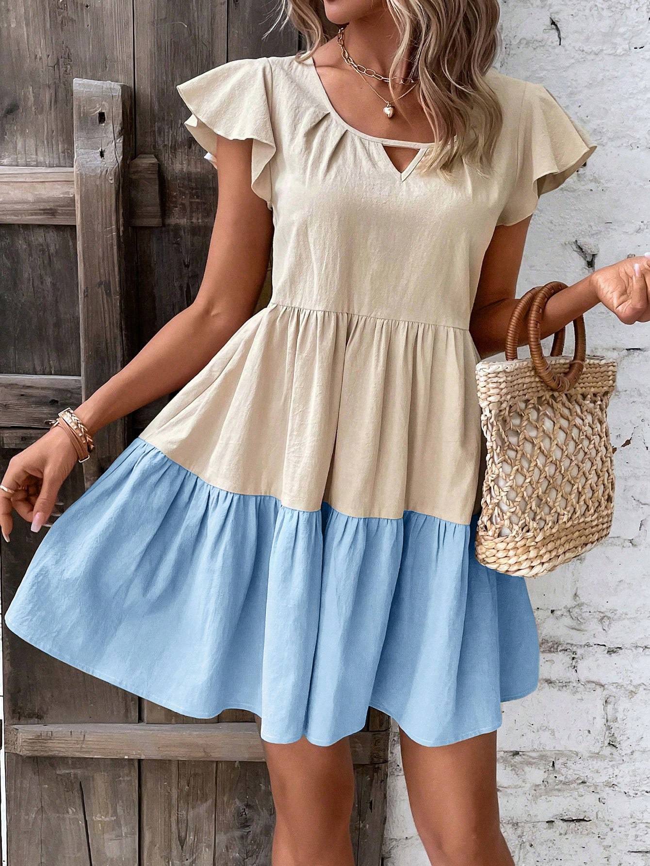 Colorblock Keyhole Neck Ruffle Hem Dress