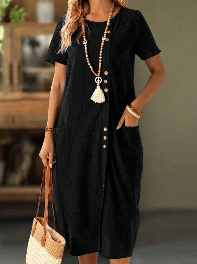 Button Front Pocket Casual Midi Dress