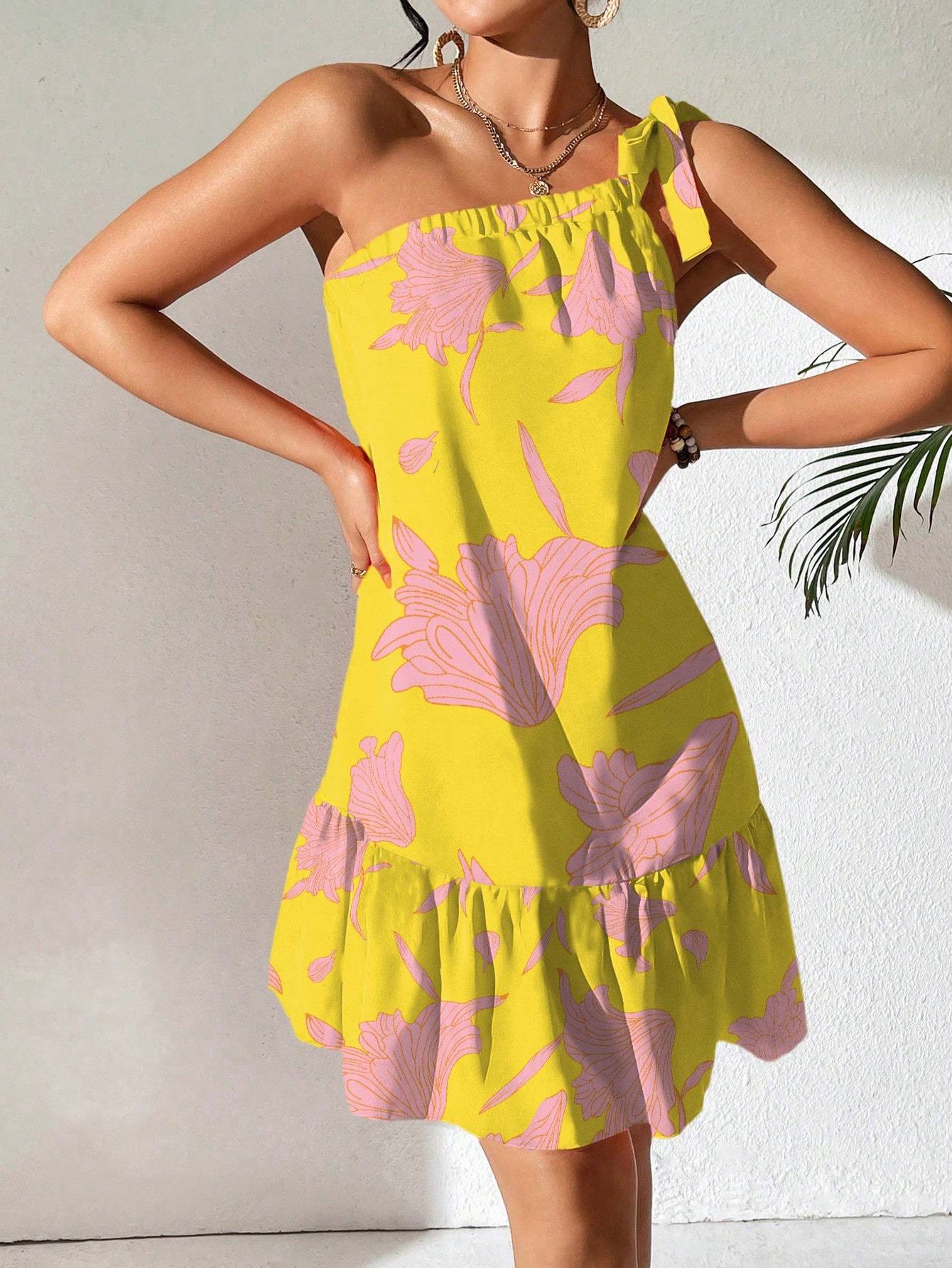 Floral One-Shoulder Ruffle Maxi Dress