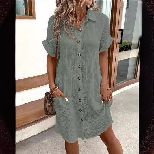 Solid Color Mid‑Length Shirt Dress