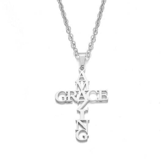 Holy Mango Store stainless steel cross necklace with Amazing Grace word design for women