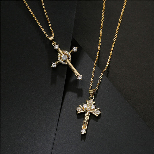 Gold Cross Pendant Necklace with Cubic Zirconia