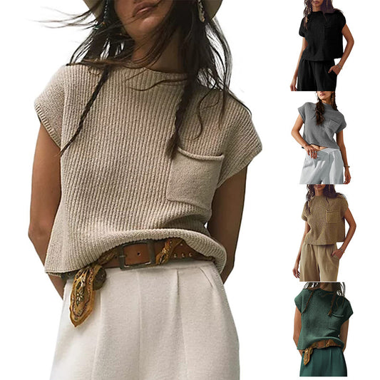 Women's Ribbed Knit Sleeveless Vest with Pocket