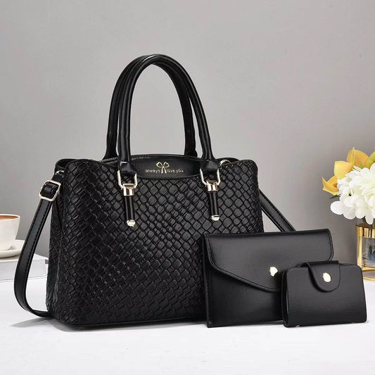 Black woven handbag with detachable strap and two matching pouches 3-piece shoulder bag set for women