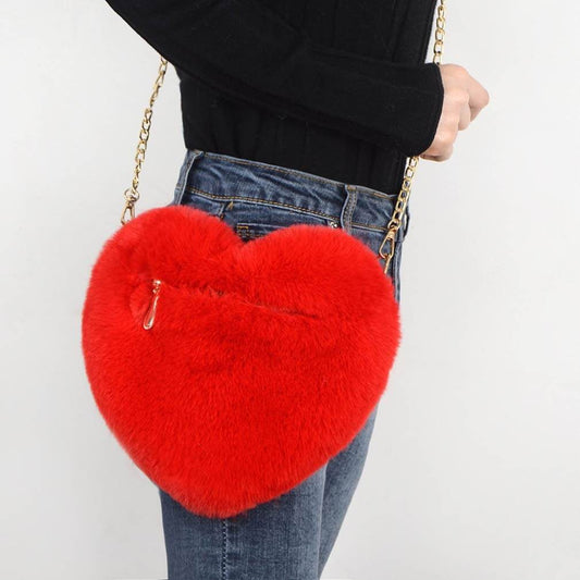 Holy Mango Store red heart shaped crossbody bag with gold chain strap soft plush handbag for women