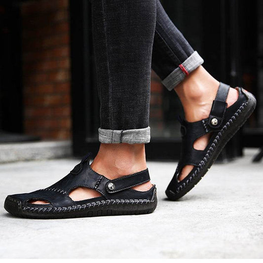 Breathable leather sandals men in black with adjustable straps and stitched sole from Holy Mango Store