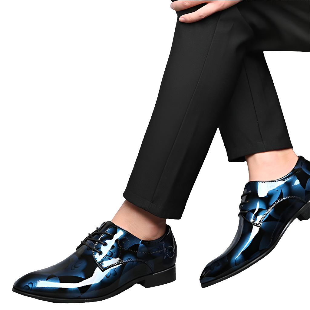 Shiny blue business casual shoes for men paired with black dress pants from Holy Mango Store men's collection