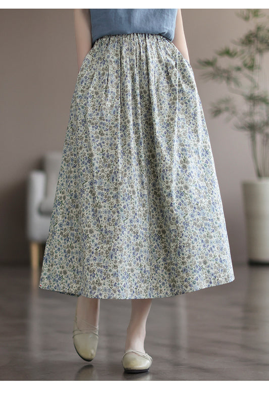 Women’s Floral Cotton Midi Skirt – Artistic Print A-Line