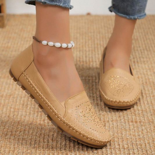 Beige casual slip-on shoes for women with decorative stitching and small rhinestones from Holy Mango Store