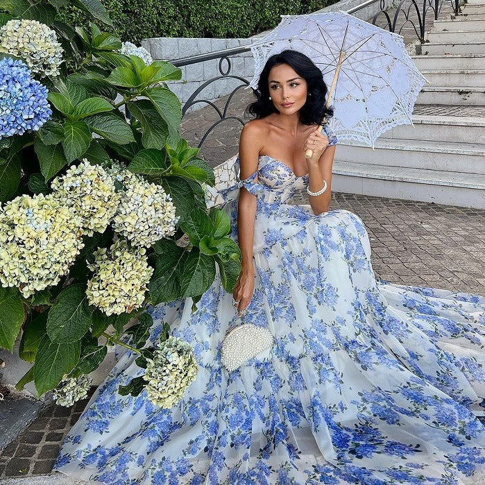 Floral Off‑Shoulder Lace‑Up Organza Swing Dress