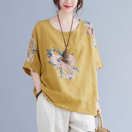 Women's Korean Cotton Linen Summer Top – Printed Half Sleeve