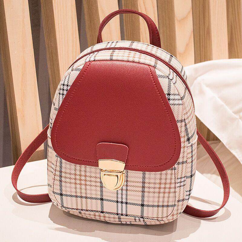 Holy Mango Store trendy small backpack with coin purse beige plaid design red flap and gold clasp