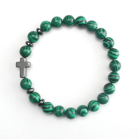 Christian malachite bracelet with green striped beads and metal cross charm from Holy Mango Store