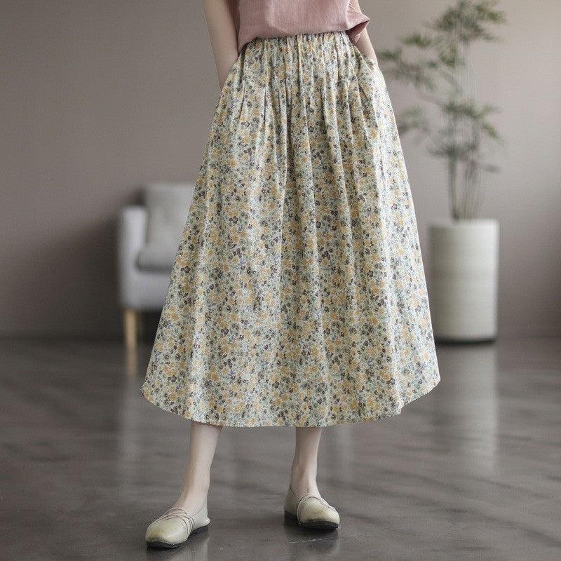 Women’s Floral Cotton Midi Skirt – Artistic Print A-Line