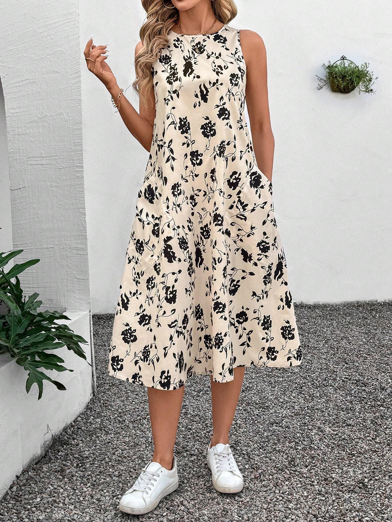 Retro Floral Sleeveless Midi Dress