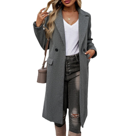 Women’s Long Turn-Down Collar Coat – Elegant Commuter Style