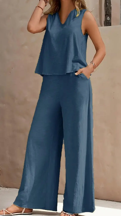 Solid Color Casual Set – V-Neck Tank & Wide Leg Pants with Pockets