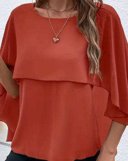 Solid Layered Cloak Sleeve Blouse, Versatile Crew Neck Blouse For Spring & Fall, Women's Clothing - Holy Mango Store