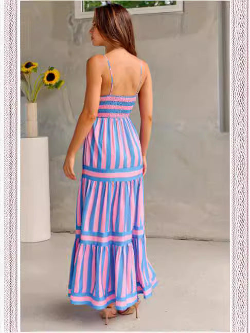 Striped Suspender Maxi Dress with Pockets