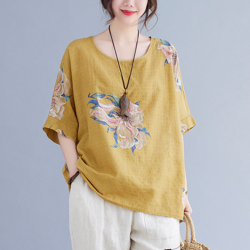 Women's Korean Cotton Linen Summer Top – Printed Half Sleeve