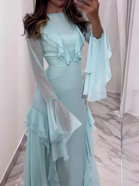 Round Neck Ruffled Long Sleeve Maxi Dress - Holy Mango Store