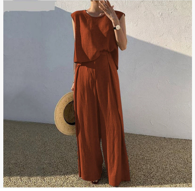 Women's Cotton Linen Two-Piece Set – Sleeveless Top & Pants