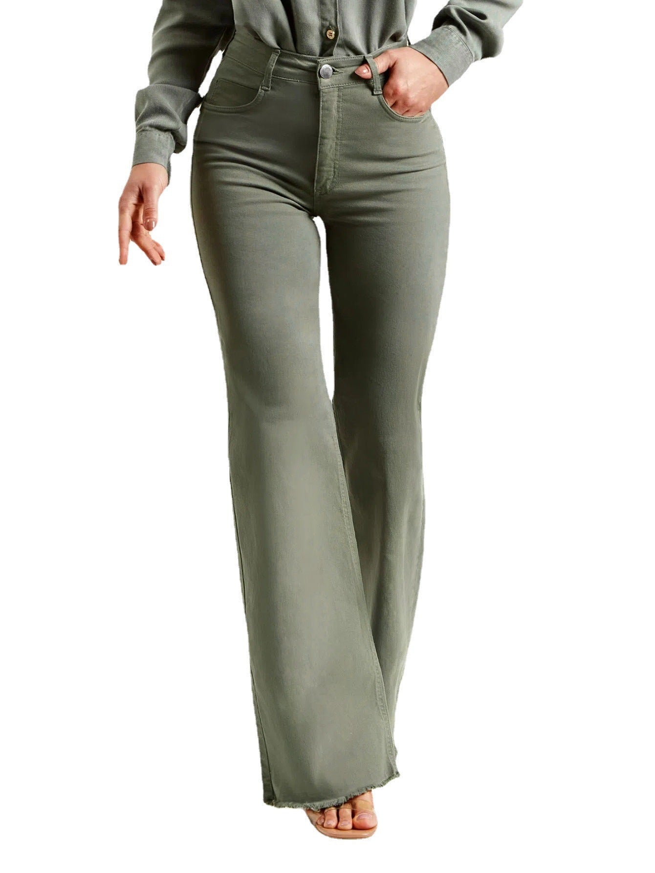 Women's Olive Green Flared Denim Pants – Stretch Slim Fit