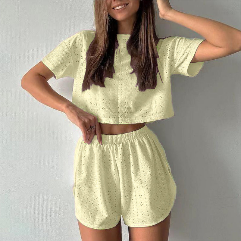 Breezy Summer 2-Piece Set – Hollow Crop Top & Slit Shorts