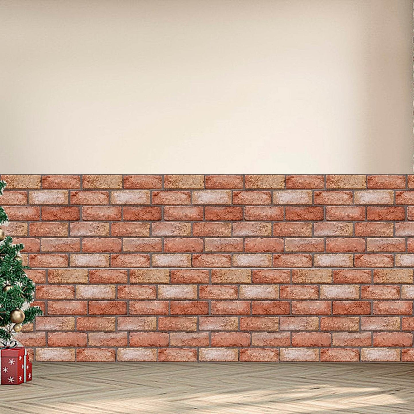 Holy Mango Store 3D brick wall decals for home installed on lower wall over wood floor with Christmas tree