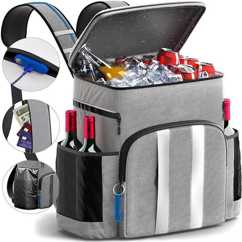 Holy Mango Store large insulated backpack cooler in gray with multiple pockets side bottle holders and USB port
