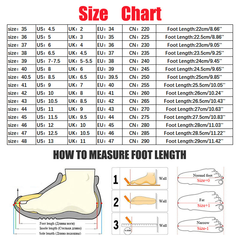 Women's lightweight sports sneakers size chart with foot length measurements and how to measure foot length guide