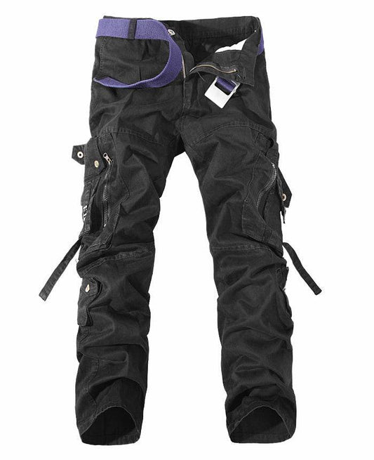 Holy Mango Store men's multi-pocket cargo pants black tactical style with purple belt straps and utility pockets