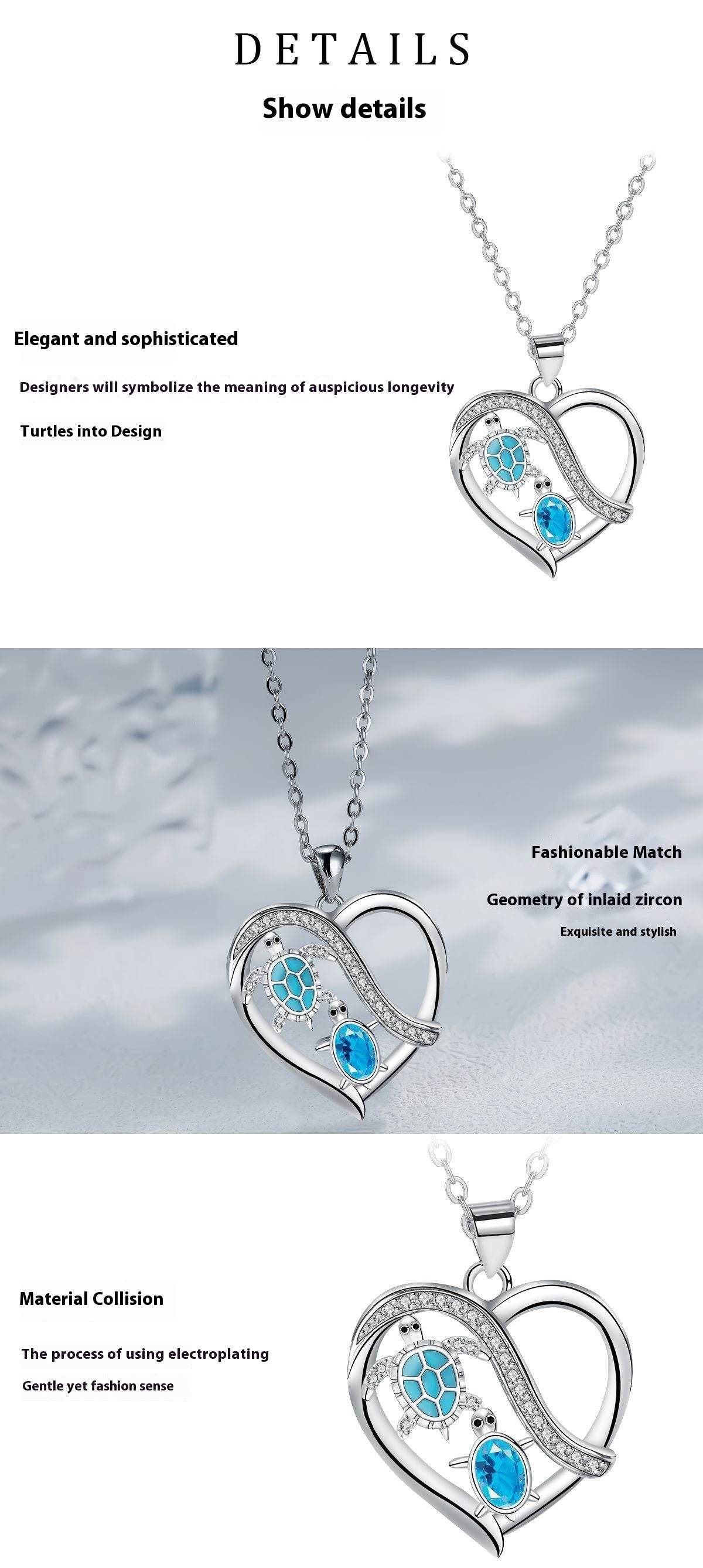 Elegant turtle pendant necklace for mom with blue zircon and silver chain from Holy Mango Store