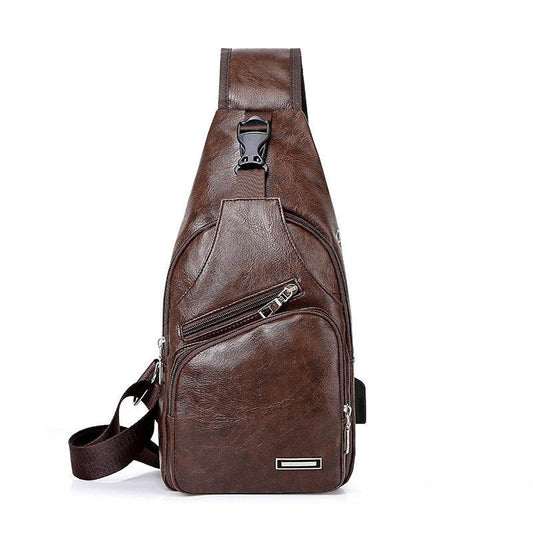 Holy Mango Store brown leather men's USB charging chest bag sling with front zip pockets