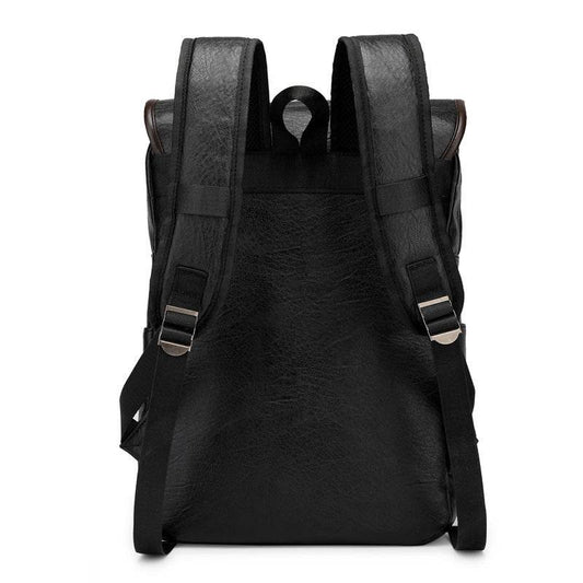 Holy Mango Store black leather backpack back view with padded straps and buckles laptop backpack for school