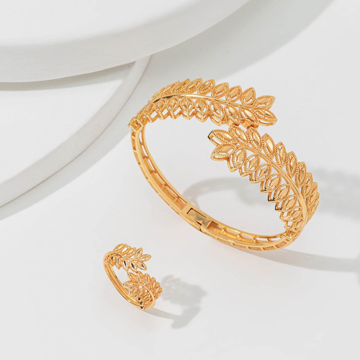 Gold wheat leaf bracelet set by Holy Mango Store featuring intricate leaf design in gold tone